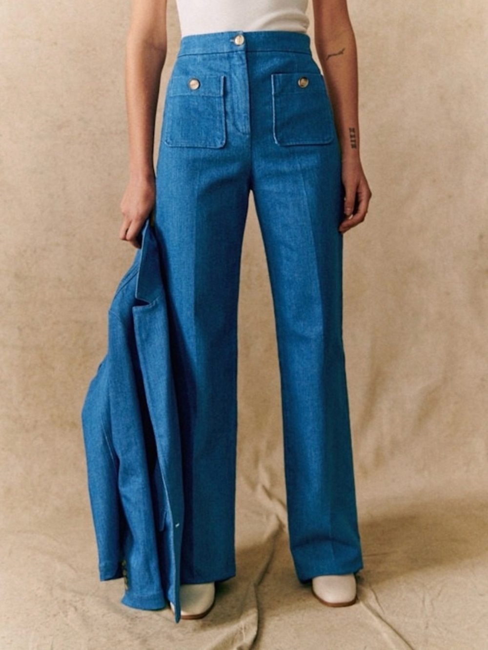 Sézane Dan Trousers in Cyan Light Wash High Rise Wide Leg Jeans 46 (US 14)